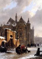 Bartholomeus Johannes Van Hove - A Capricio View With Figures Leaving A Church In Winter